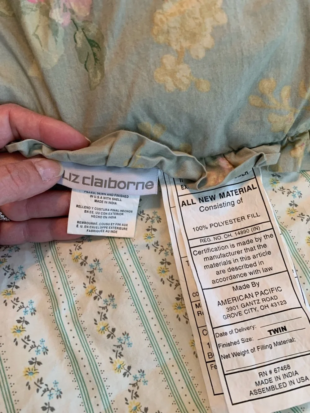 Vintage Liz Claiborne Sage Green Floral Comforter Cover with Pink Blossoms